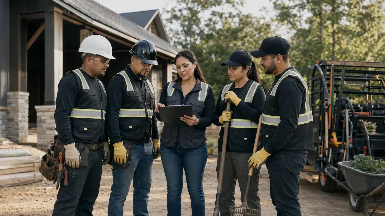 Construction and landscaping workers wearing safety equipment